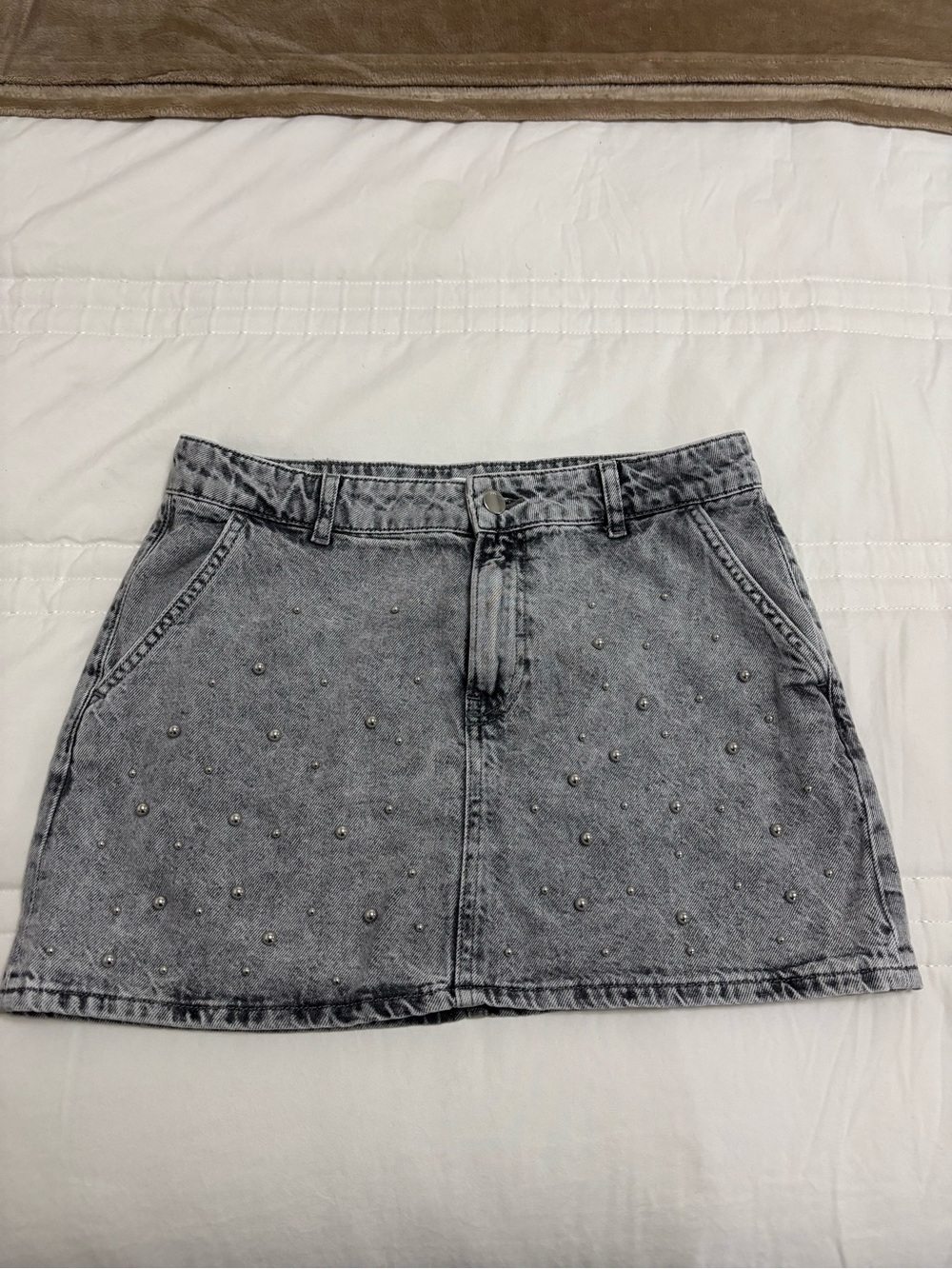 Zara Light Gray Studded Denim Mini Skirt